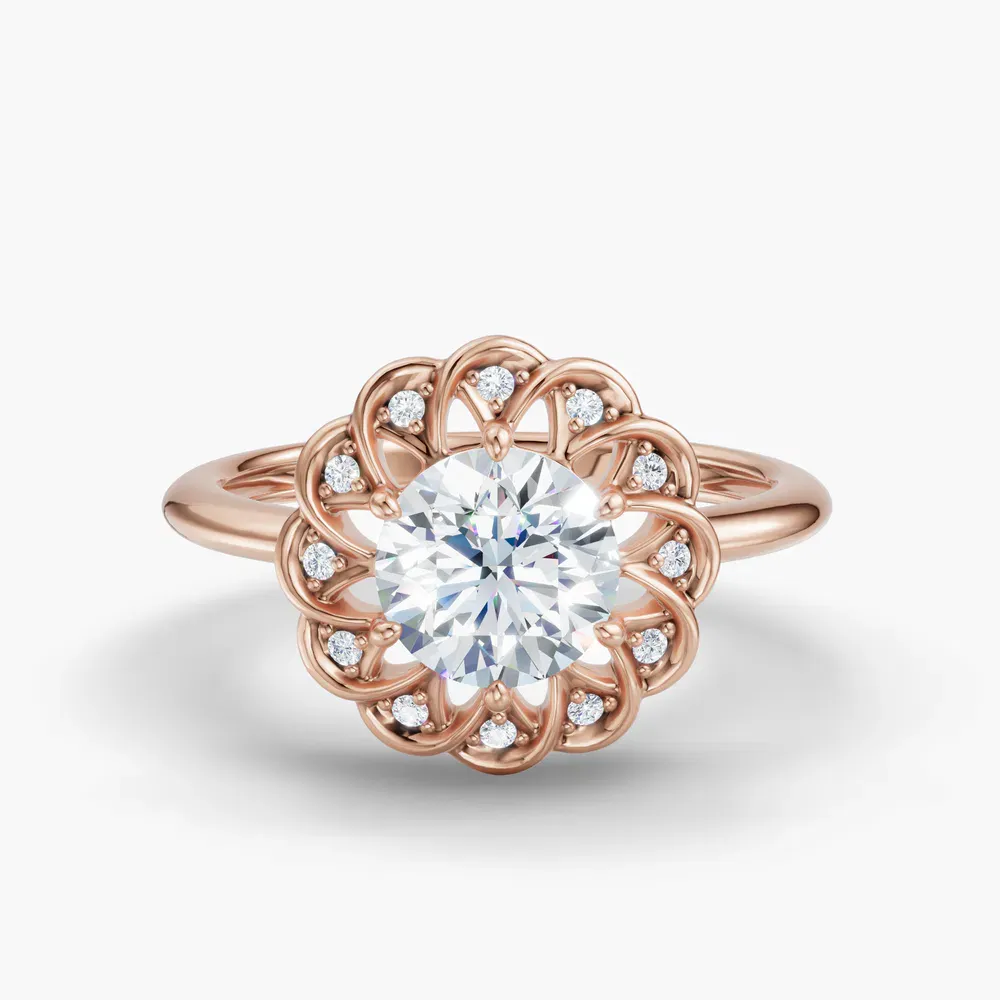 Certified 1 carat Lab Grown Diamond Round Cut Floral, Nature inspired, Six Prong Engagement Ring in 14K Rose Gold-Gleam
