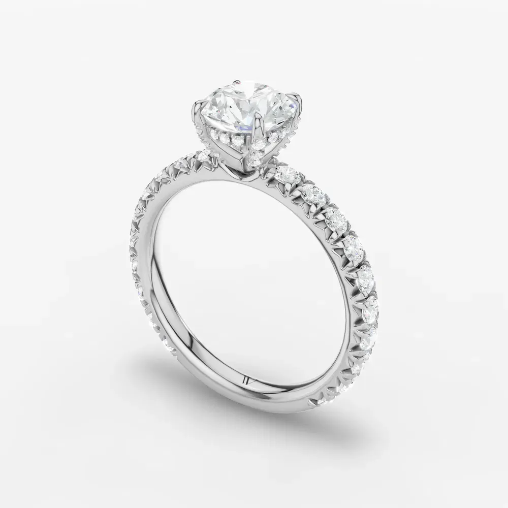 Certified 1 carat Lab Grown Diamond Round Cut Pavé, Hidden Halo, Four Prong Engagement Ring in 14K White Gold-Cyrra