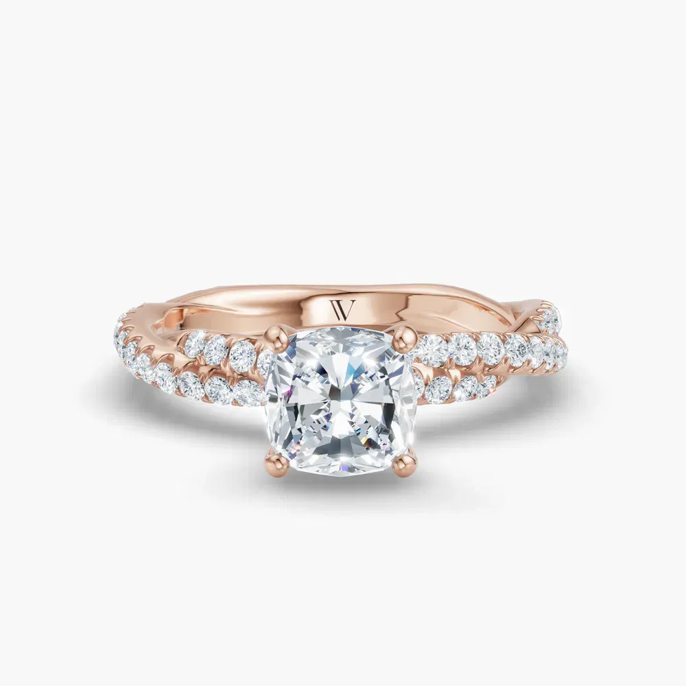 Certified 1 carat Lab Grown Diamond Cushion Cut Pavé, Twist Engagement Ring in 14K Rose Gold-Alva