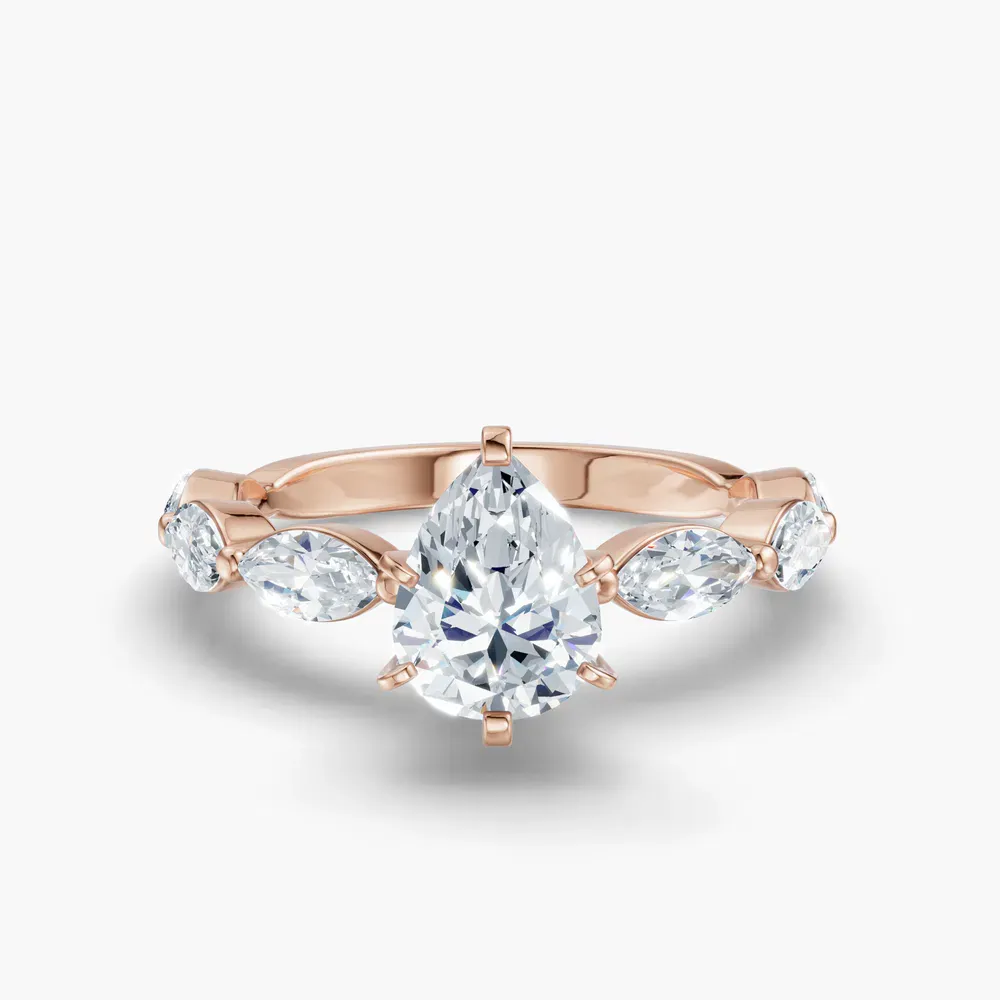 Certified 1 carat Lab Grown Diamond Pear Cut Side Stone Engagement Ring in 14K Rose Gold-Trind