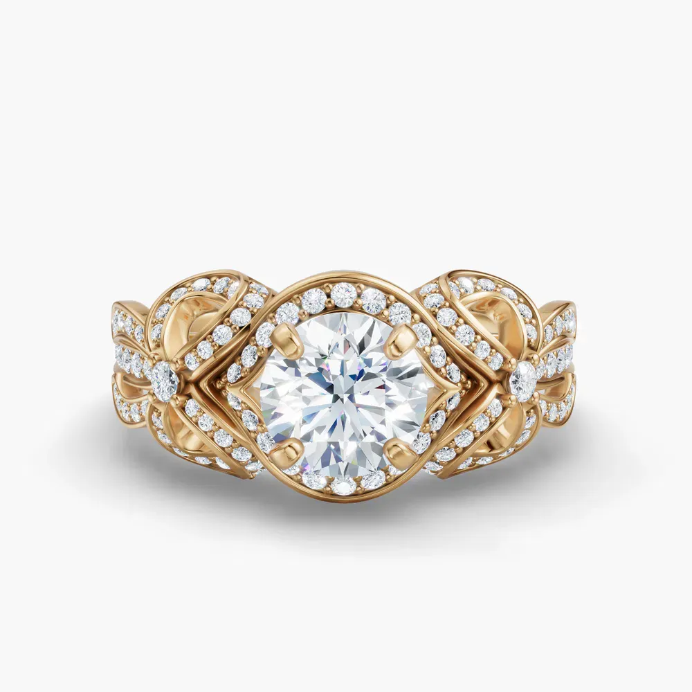 Certified 1 carat Lab Grown Diamond Round Cut Halo, Unique, Pavé Engagement Ring in 14K Yellow Gold-Calista