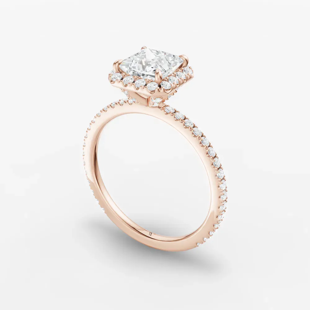 Certified 1 carat Natural Diamond Princess Cut Pavé, Halo, Hidden Halo Engagement Ring in 14K Rose Gold-Jynl