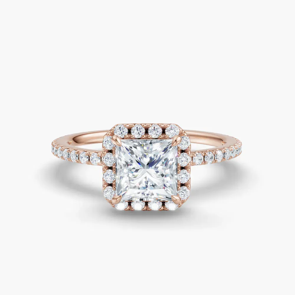 Certified 1 carat Natural Diamond Princess Cut Pavé, Halo, Hidden Halo Engagement Ring in 14K Rose Gold-Jynl
