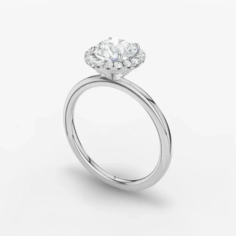 Certified 1 carat Natural Diamond Round Cut Halo, Hidden Halo, Four Prong Engagement Ring in 14K White Gold-Elite Noctil