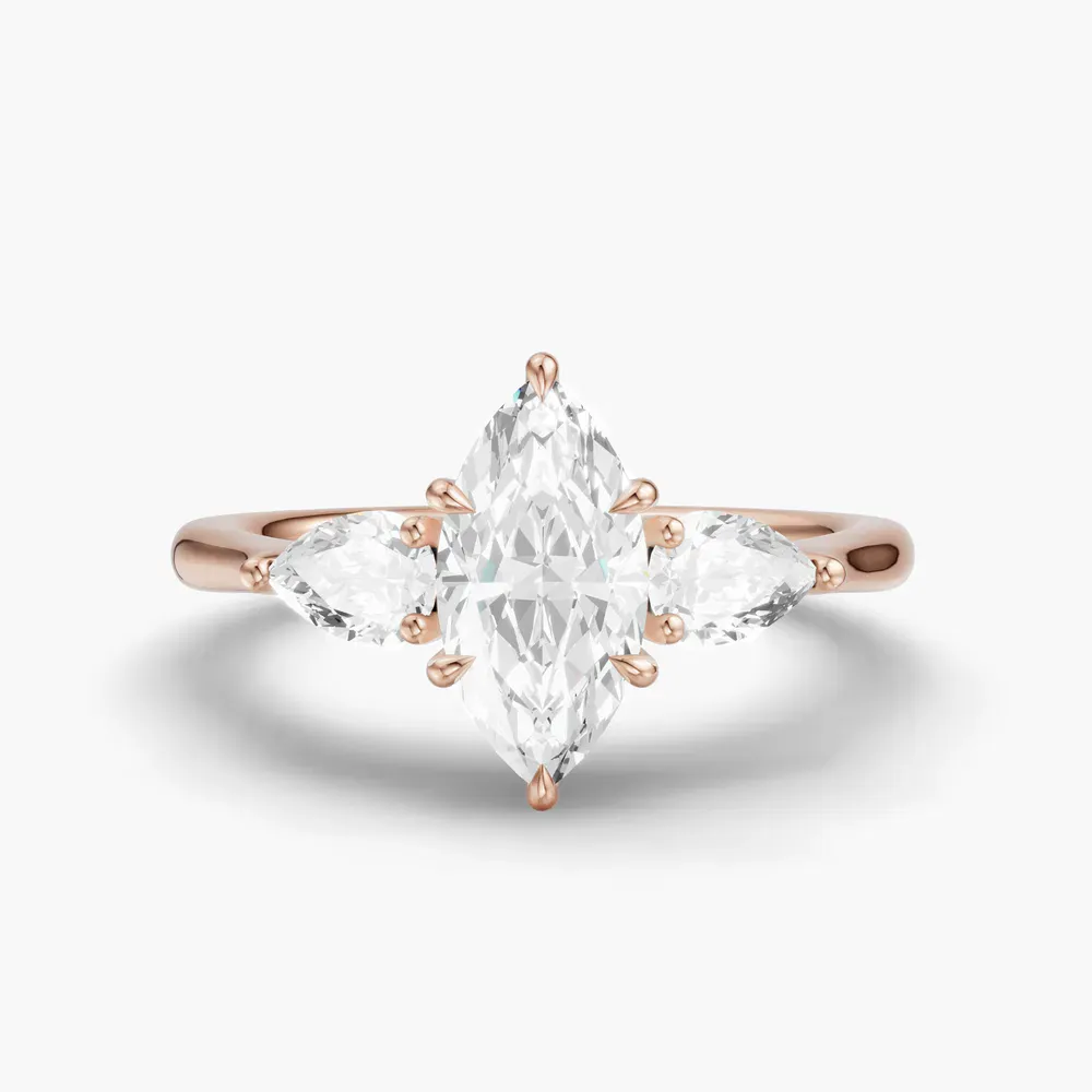 Certified 1 carat Natural Diamond Marquise Cut Three Stone, Side Stone, Low profile Engagement Ring in 14K Rose Gold-Hailu