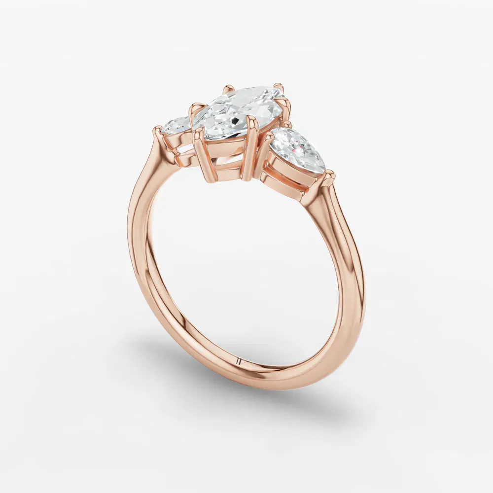 Certified 1 carat Natural Diamond Marquise Cut Three Stone, Side Stone, Low profile Engagement Ring in 14K Rose Gold-Hailu