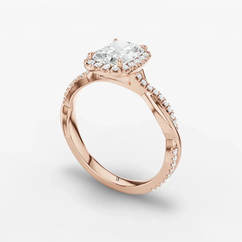 Certified 1 carat Natural Diamond Radiant Cut Twist, Cathedral, Pavé Engagement Ring in 14K Rose Gold-Itic