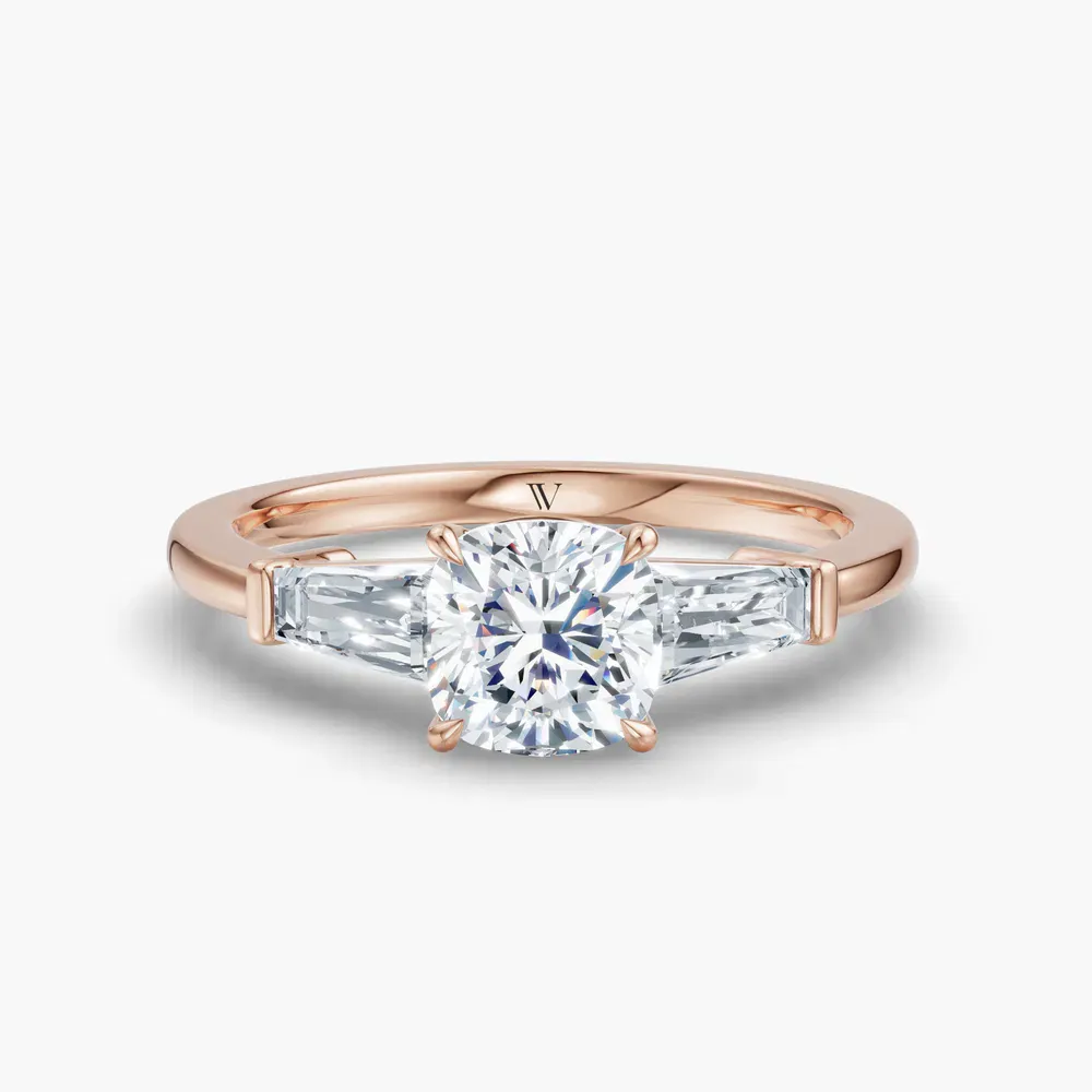 Certified 1 carat Natural Diamond Cushion Cut Three Stone, Baguette, Cathedral Engagement Ring in 14K Rose Gold-Glyss