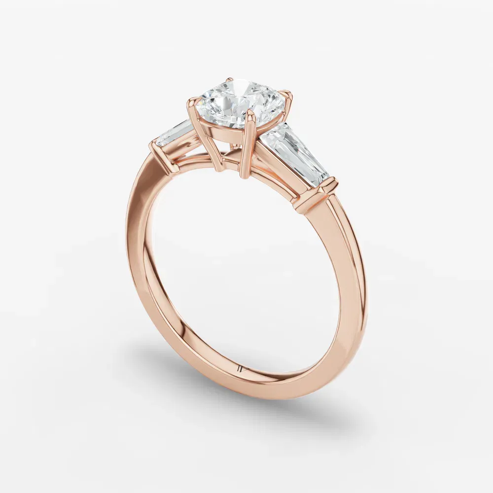 Certified 1 carat Natural Diamond Cushion Cut Three Stone, Baguette, Cathedral Engagement Ring in 14K Rose Gold-Glyss