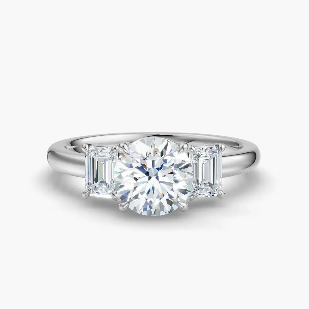 Certified 1 carat Natural Diamond Round Cut Three Stone, Four Prong, Side Stone Engagement Ring in 14K White Gold-Nectarl