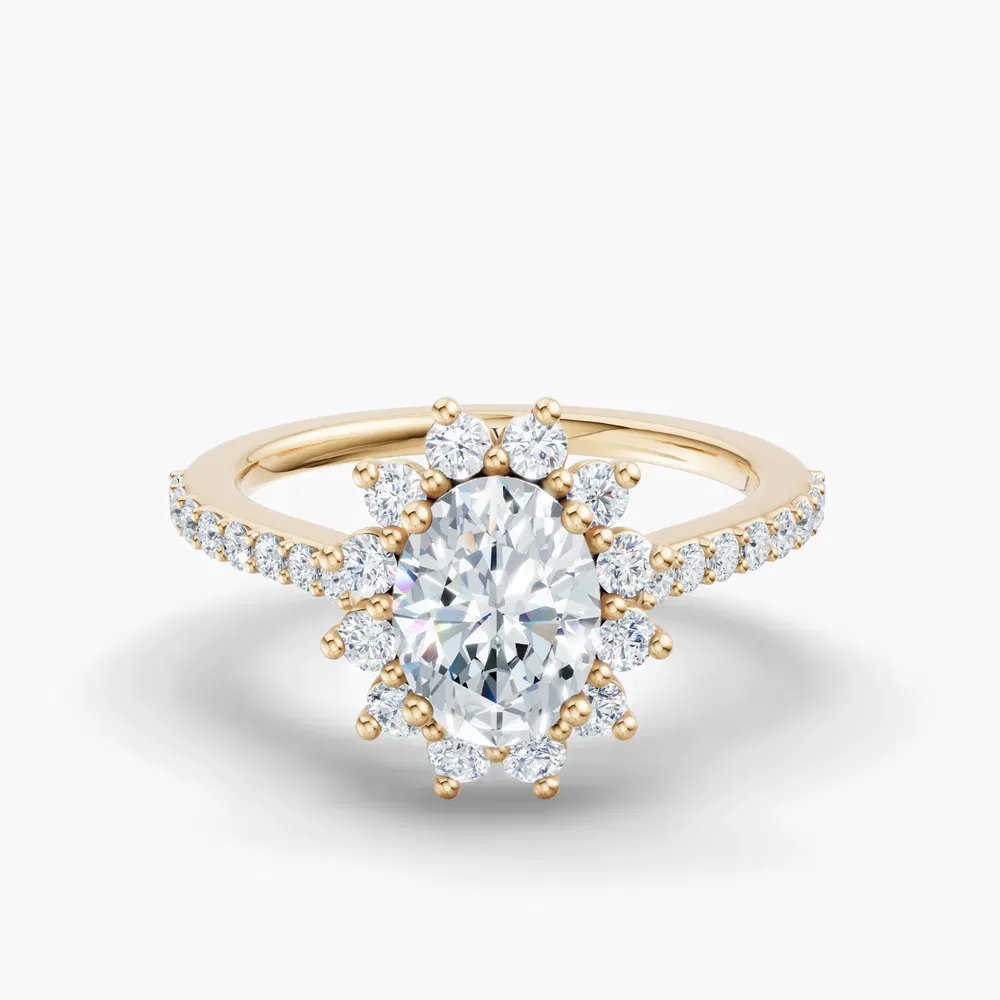 Certified 1 carat Natural Diamond Oval Cut Pavé, Halo, Floral Engagement Ring in 14K Yellow Gold-Elite Juniper
