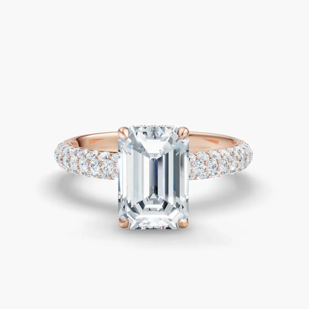 Certified 1 carat Natural Diamond Emerald Cut Pavé, Hidden Halo Engagement Ring in 14K Rose Gold-Lyre