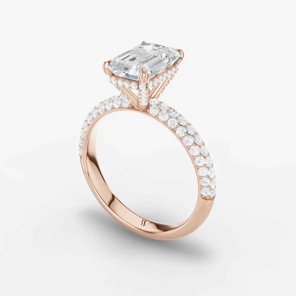 Certified 1 carat Natural Diamond Emerald Cut Pavé, Hidden Halo Engagement Ring in 14K Rose Gold-Lyre