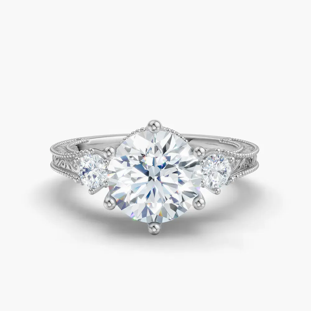 Certified 1 carat Natural Diamond Round Cut Three Stone, Unique, Milgrain Engagement Ring in 14K White Gold-Zara