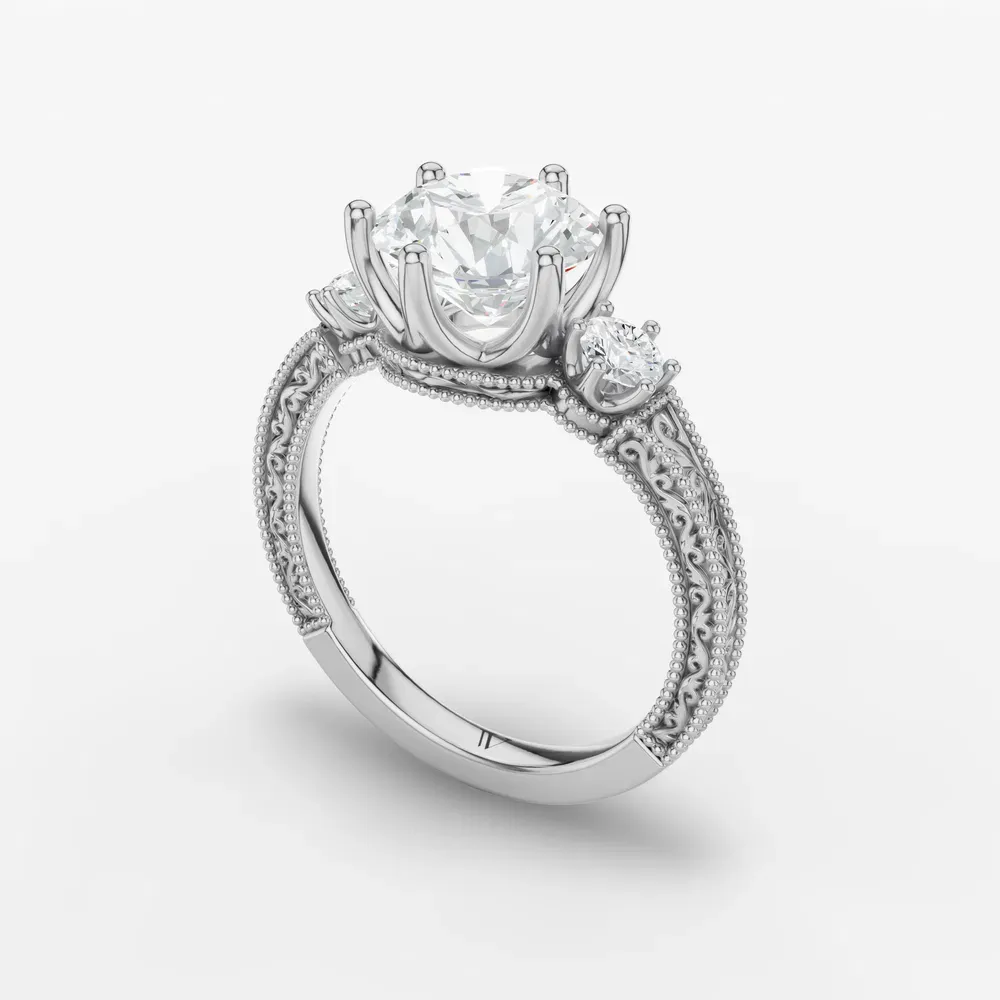Certified 1 carat Natural Diamond Round Cut Three Stone, Unique, Milgrain Engagement Ring in 14K White Gold-Zara