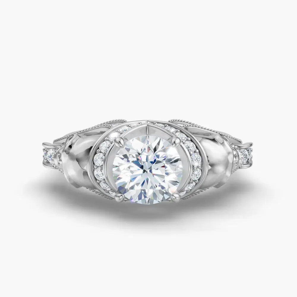 Certified 1 carat Natural Diamond Round Cut Gothic, Milgrain, Side Stone Engagement Ring in 14K White Gold-Coralie