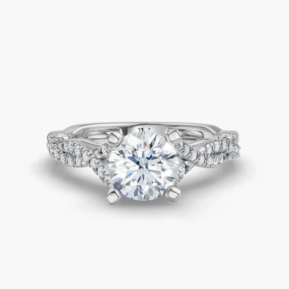 Certified 1 carat Natural Diamond Round Cut Pavé, Twist, Split Shank Engagement Ring in 14K White Gold-Firova