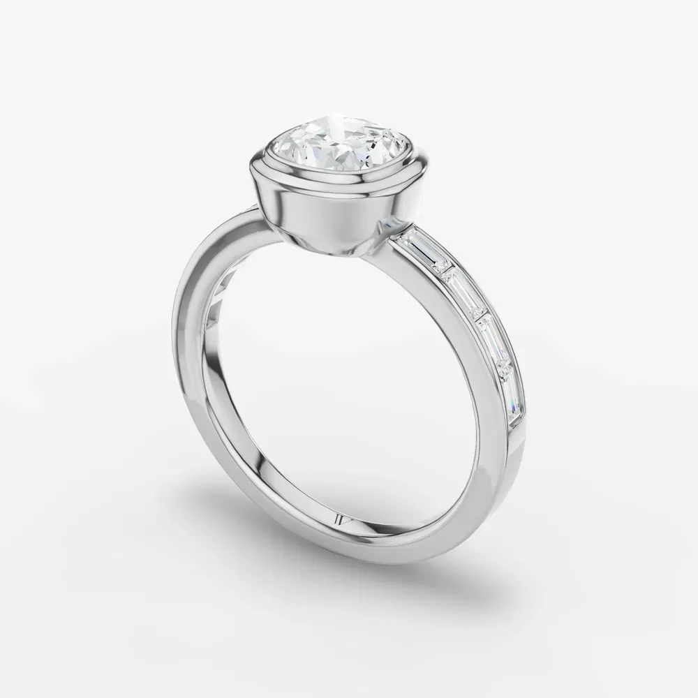 Certified 1 carat Lab Grown Diamond Cushion Cut Bezel, Channel Set, Art Deco Engagement Ring in 14K White Gold-Celeste