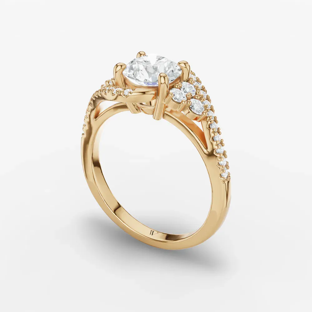 Certified 1 carat Lab Grown Diamond Round Cut Cluster, Side Stone, Four Prong Engagement Ring in 14K Yellow Gold-Yixelo