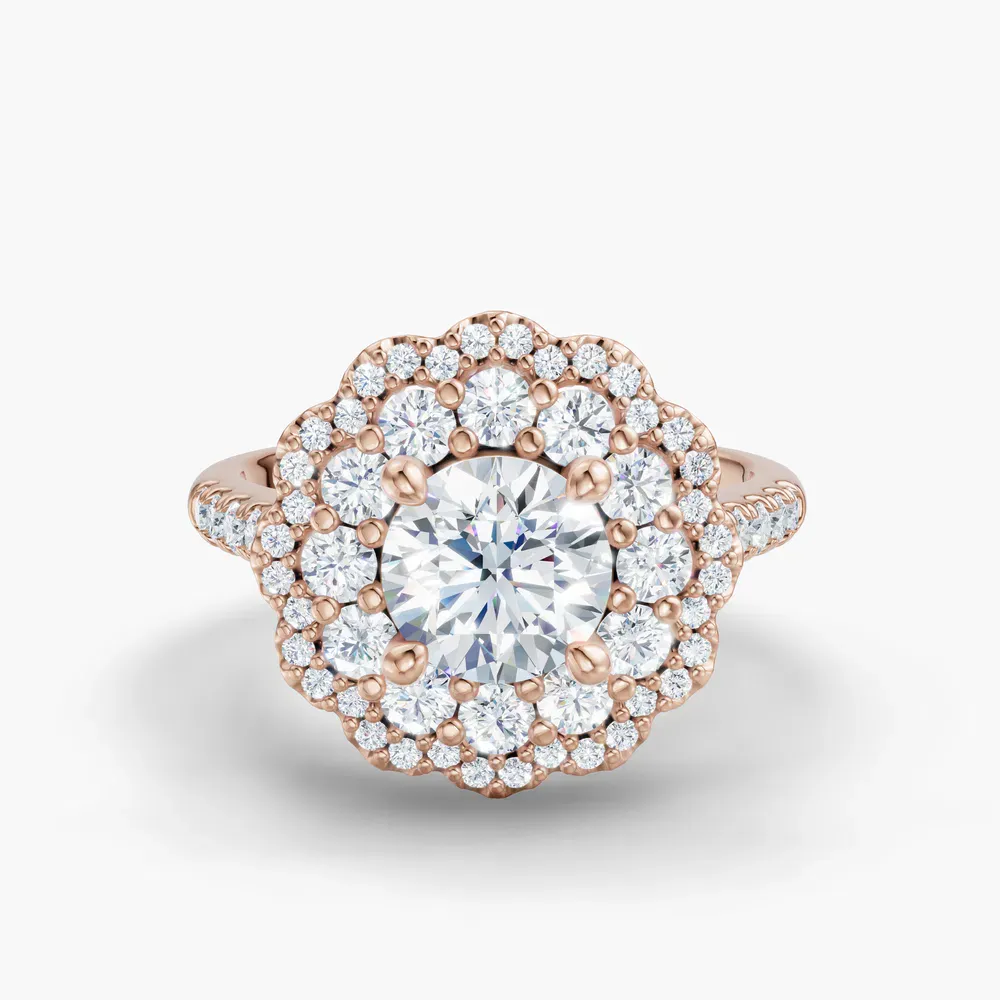 Certified 1 carat Lab Grown Diamond Round Cut Double halo, Cathedral, Nature inspired Engagement Ring in 14K Rose Gold-Hiveli