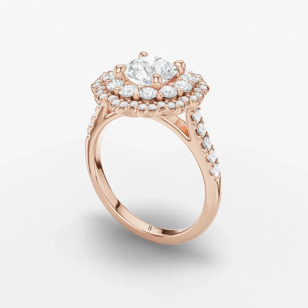 Certified 1 carat Lab Grown Diamond Round Cut Double halo, Cathedral, Nature inspired Engagement Ring in 14K Rose Gold-Hiveli